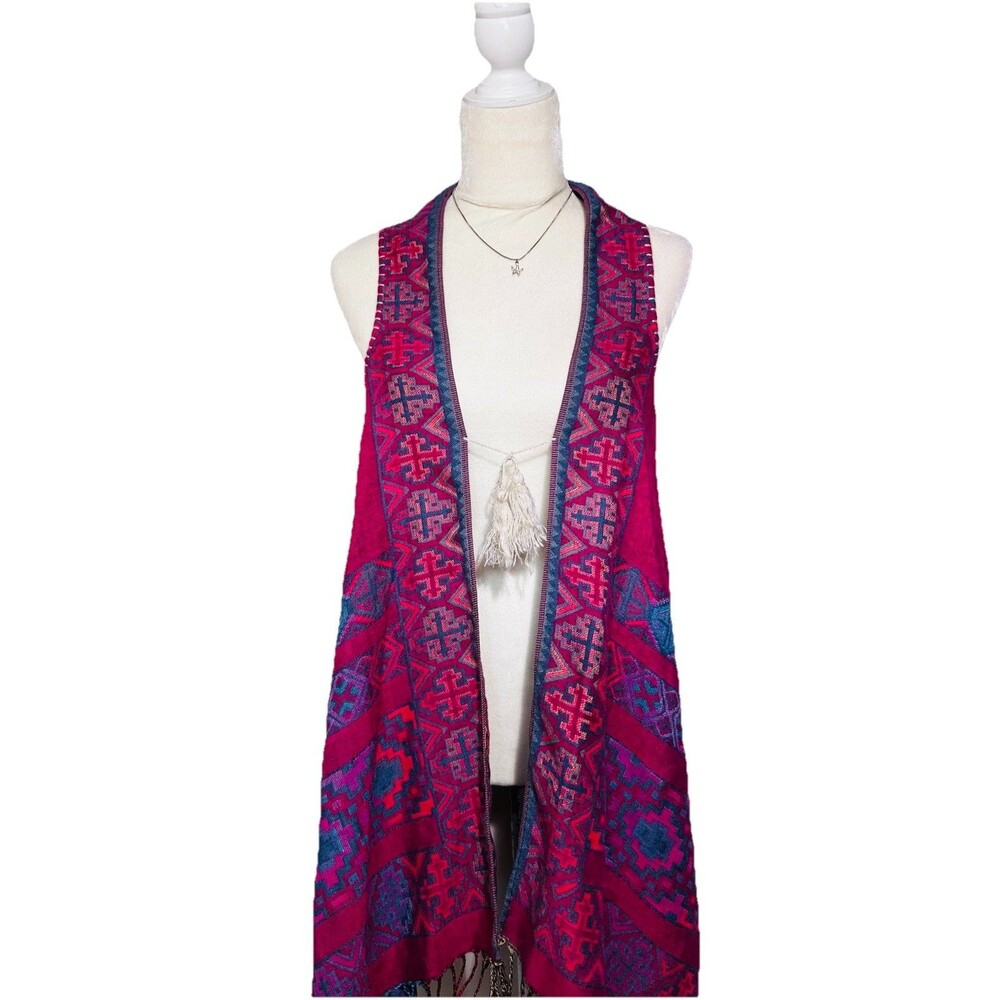 Women's Magenta Pink South western Fringe Shawl Geometric Wrap Boho Long Fringe - Picture 3 of 9
